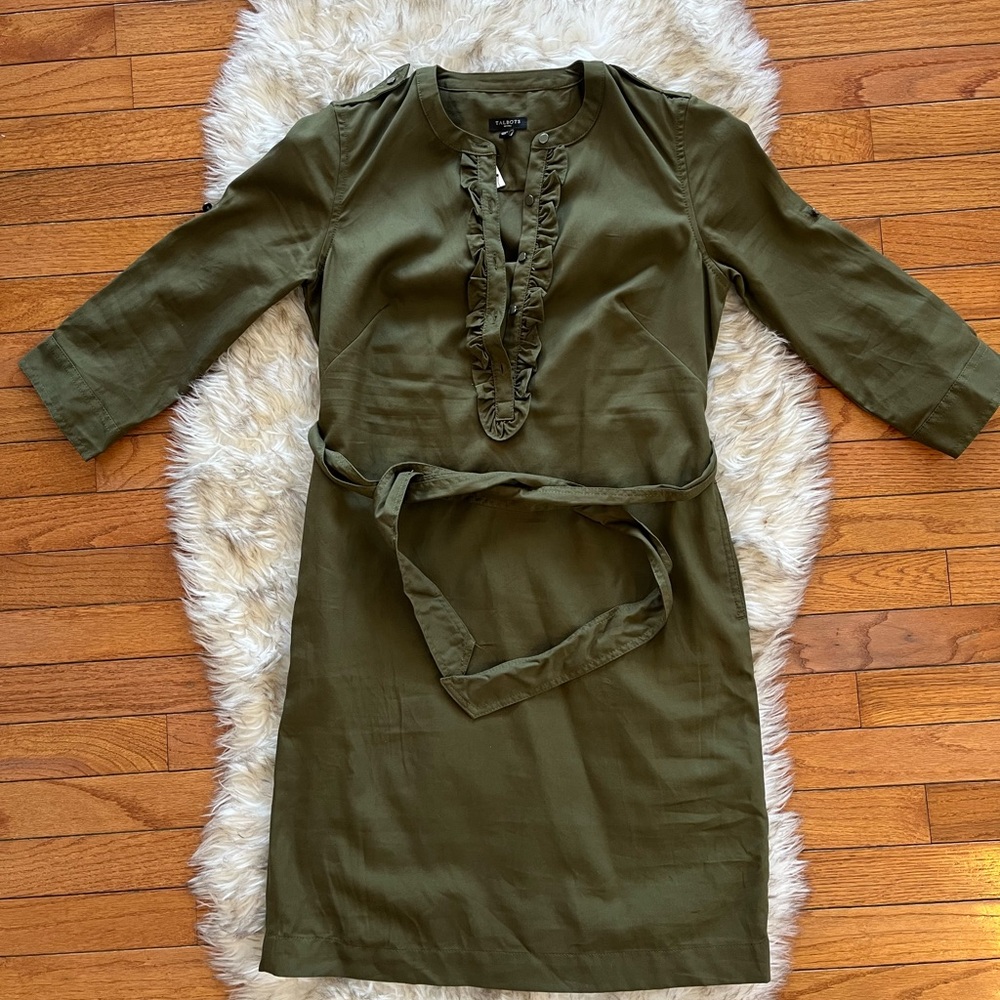 Talbots Petites Olive Green Ruffle Dress
